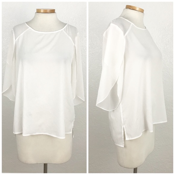 1. State Tops - 1. State White Semi Sheer Draped Sleeve Blouse